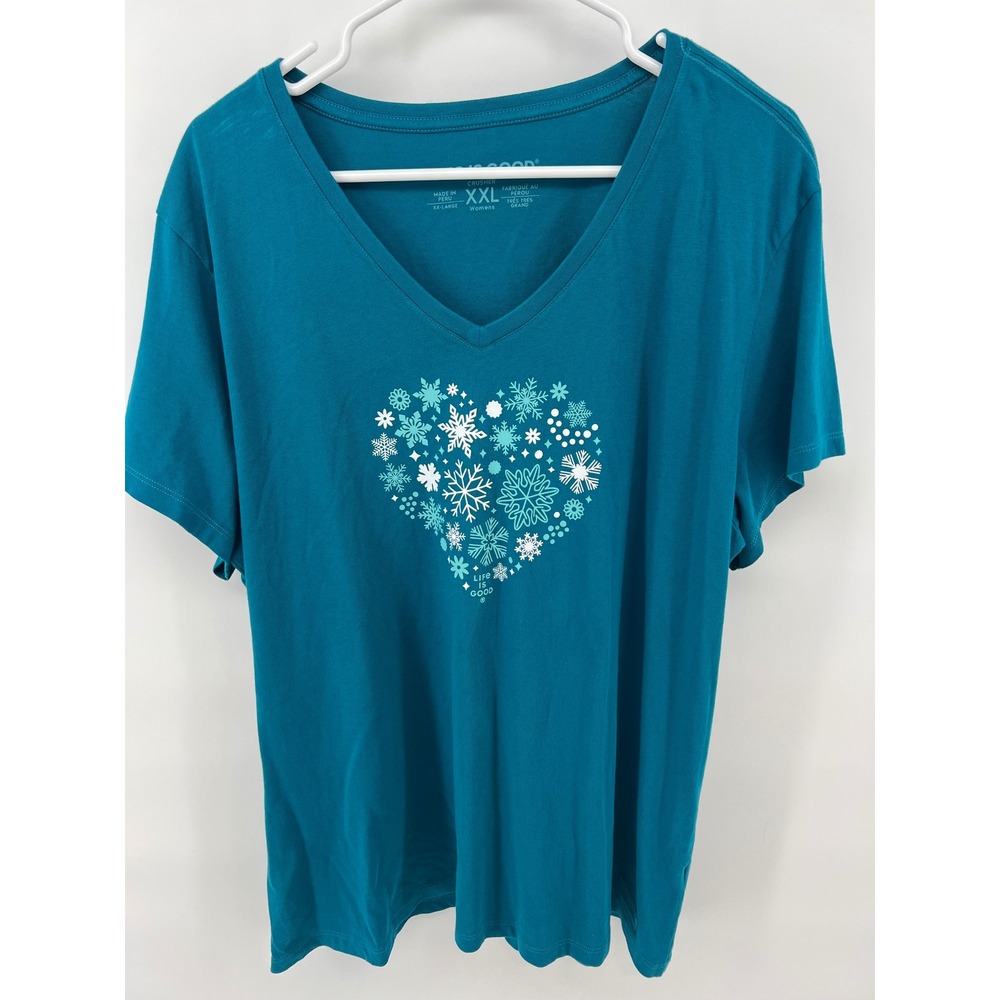 Life is Good Women XXL Crusher Snowflake Heart T-Shirt Teal Blue V Neck Winter